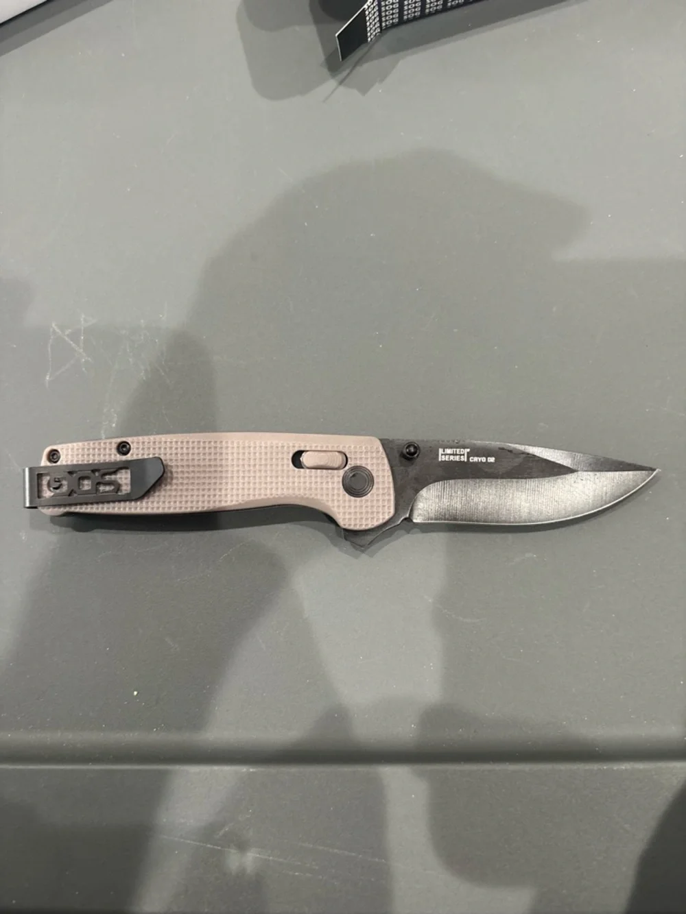 SOG Folding Pocket Knife - Tan Handle, Black Blade - Picture 2 of 2